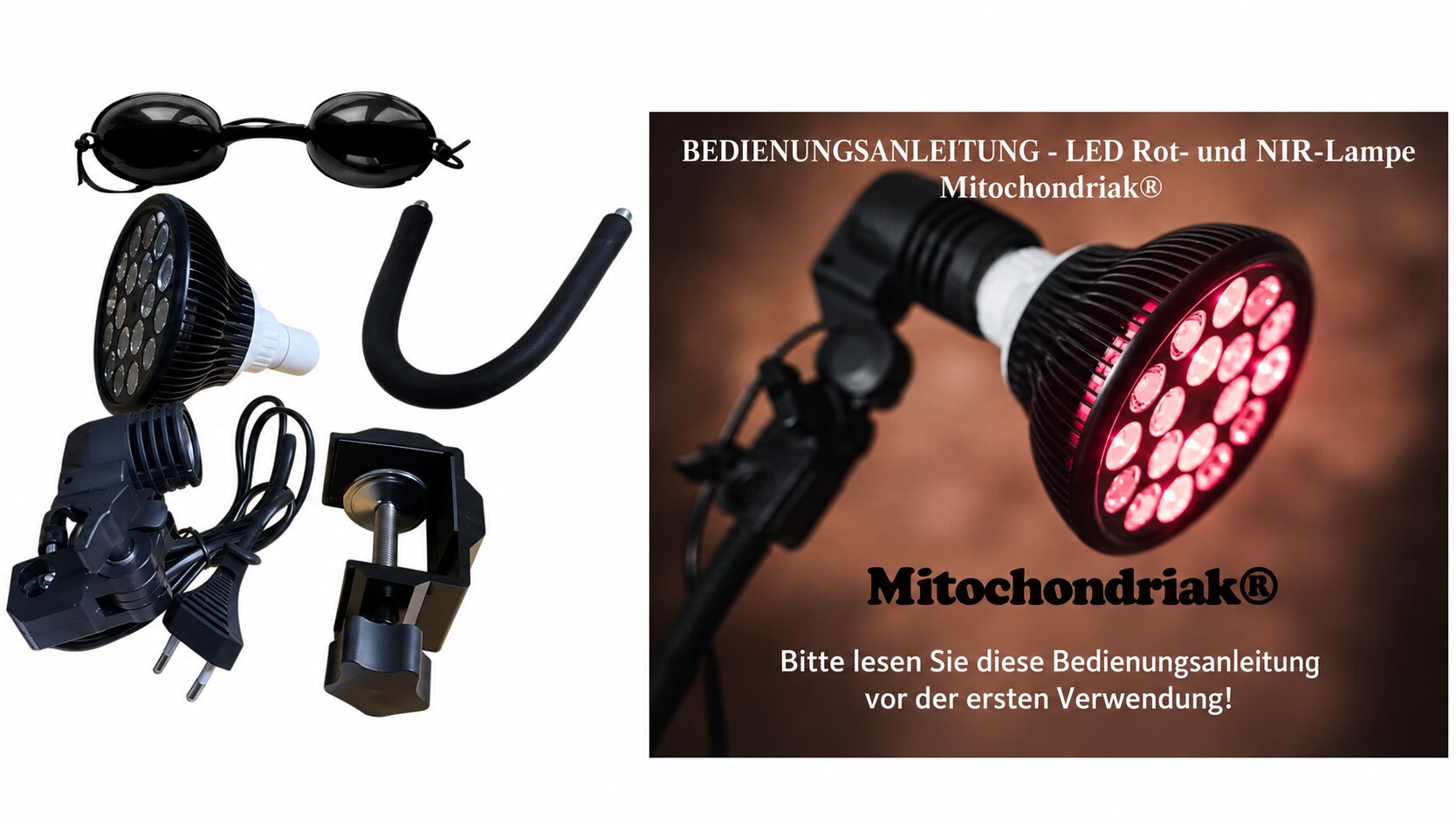 Lieferumfang der LED Rot- und NIR-Lampe Mitochondriak®: Schutzbrille, LED-Lampe, Schwanenhals, Fassung mit Kabel und Stecker, Tischklemme sowie die deutsche Bedienungsanleitung
