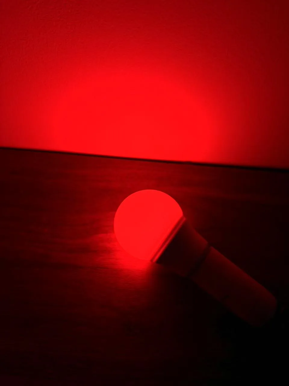 Rote Abendlampe Mitochondriak® E14 in der Hand, Nahaufnahme