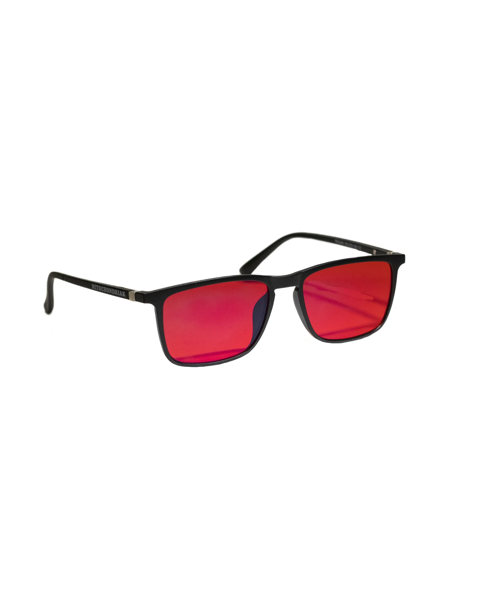 Blaulichtfilter-Brille Mitochondriak® mit dunkelroten Gläsern, schwarze Fassung, Seitenansicht auf weißem Hintergrund