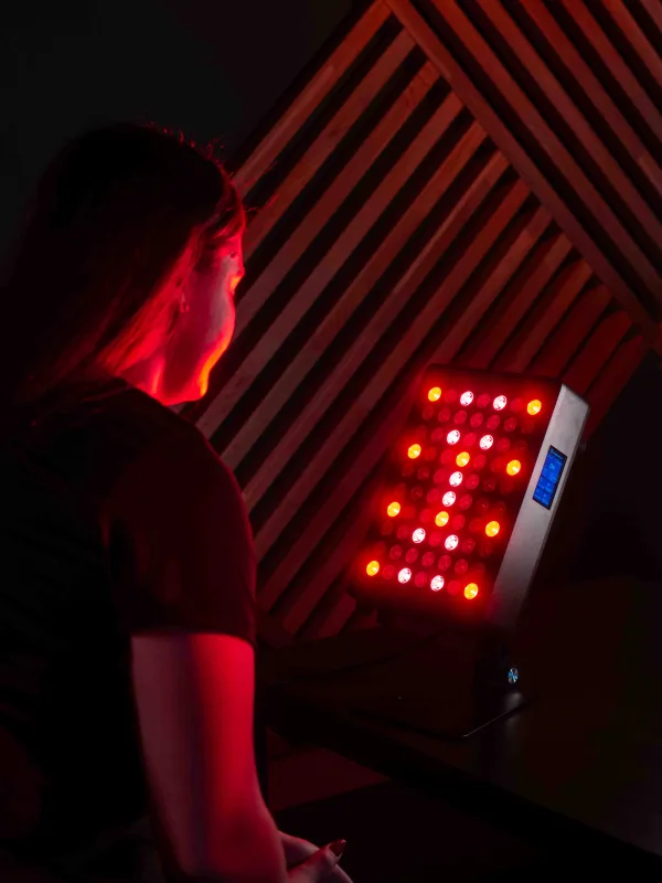 Frau bei einer RED- und NIR-Anwendung vor dem Mitochondriak® Office mit Touchscreen